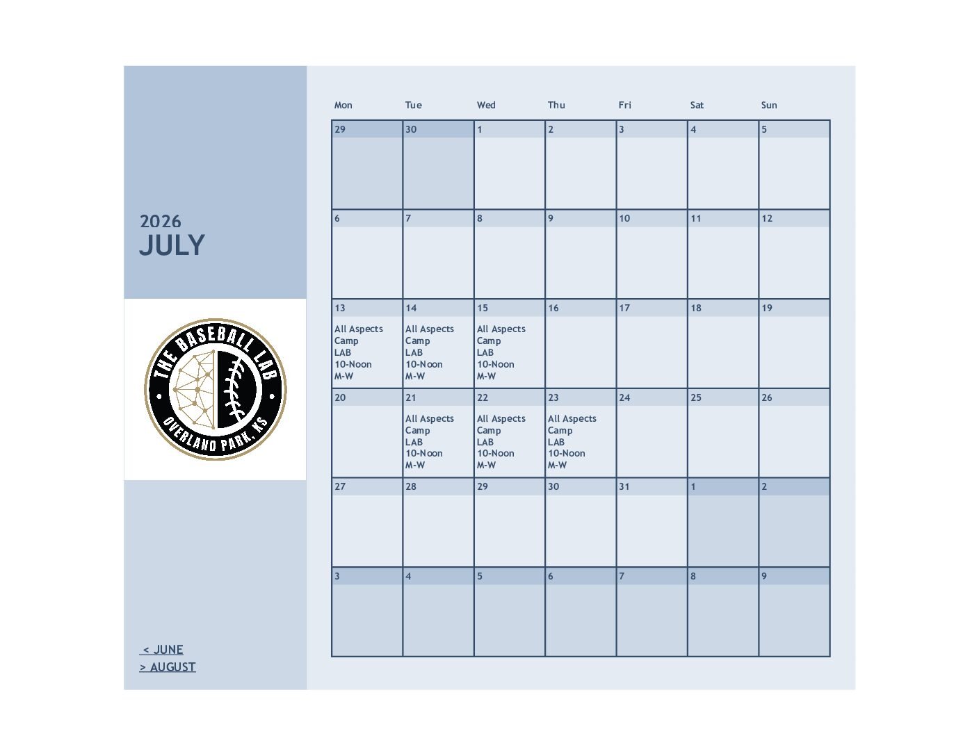 July Summer Camp schedule