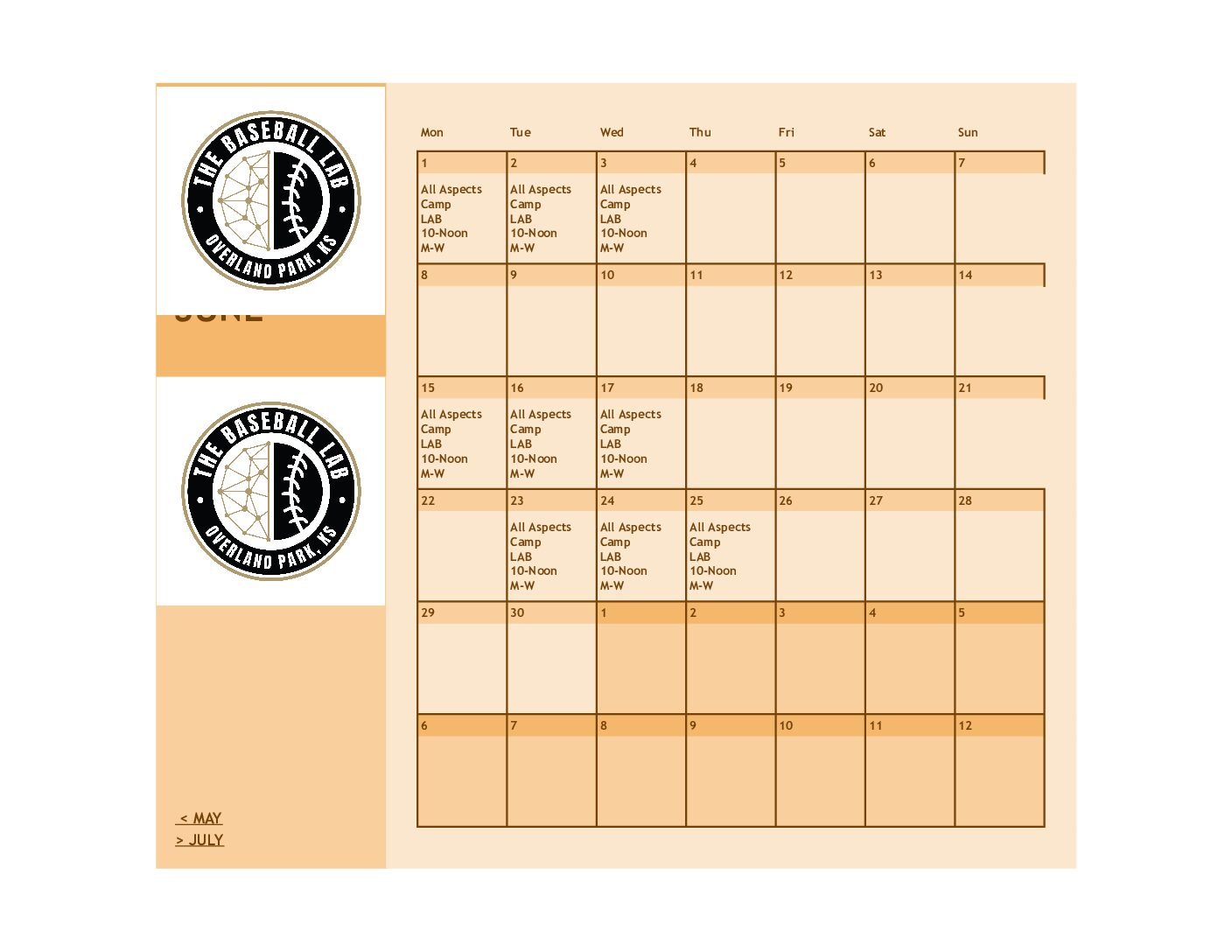 June Summer Camp schedule
